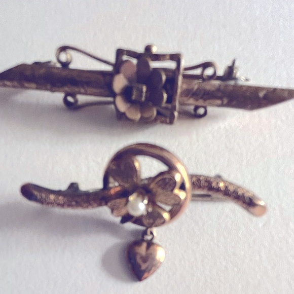 Antique Jewelry - 2 Antique Brass Bar pins: Clover, Heart, Seed Pearl; Scroll w Diamond (?) Chip